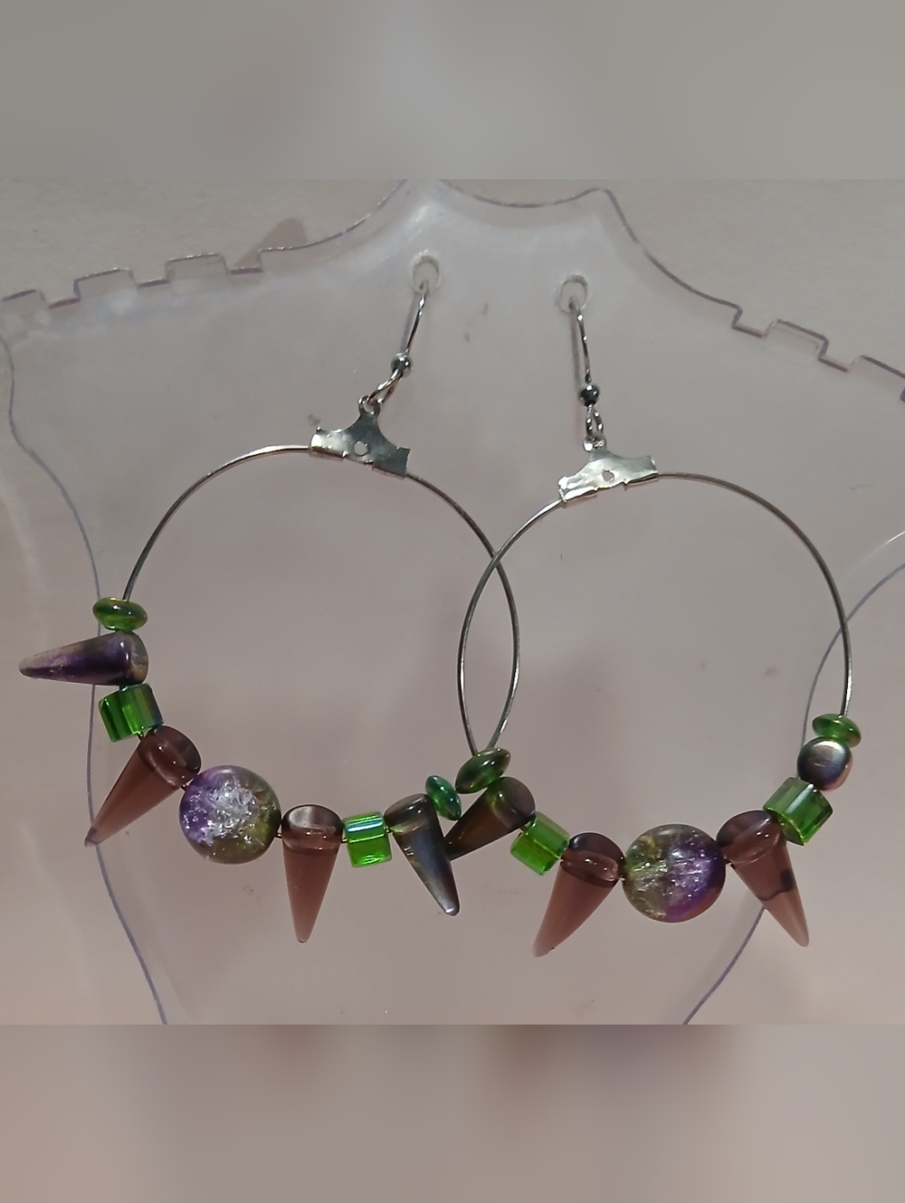 Hand crafted Purple & Green Beaded Hoop Earrings